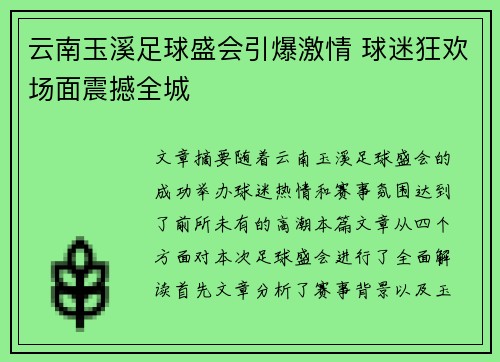 云南玉溪足球盛会引爆激情 球迷狂欢场面震撼全城